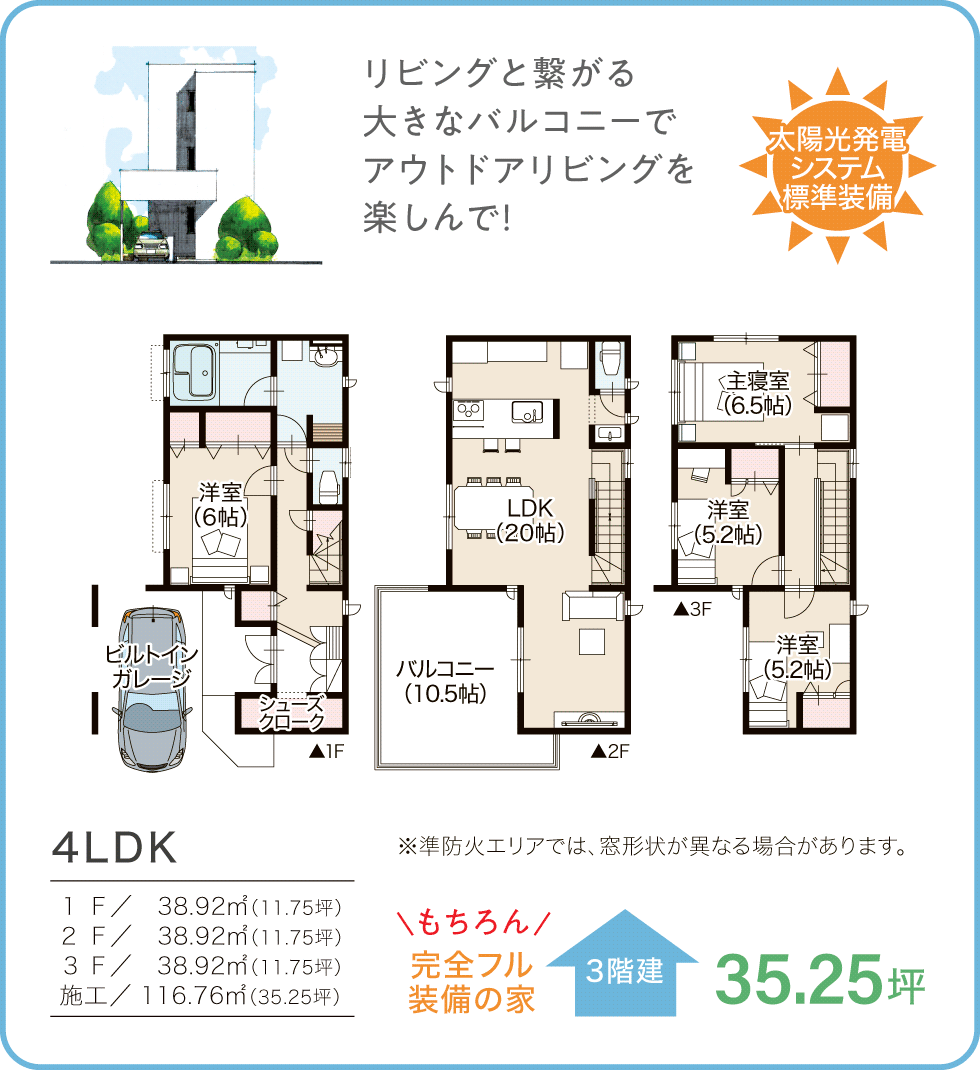 参考プラン　35.25坪／3階建　4LDK 太陽光発電システム標準装備